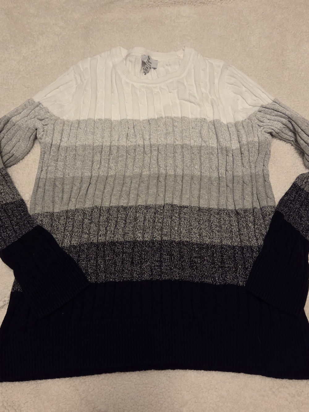 Kim Rogers Striped Cable Knit Sweater in White, Light Gray, Gray, Black